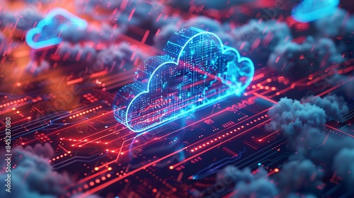 Isometric illustration of cloud storage for downloading, representing a digital service or application facilitating data transmission. It embodies network computing technologies, showcasing a