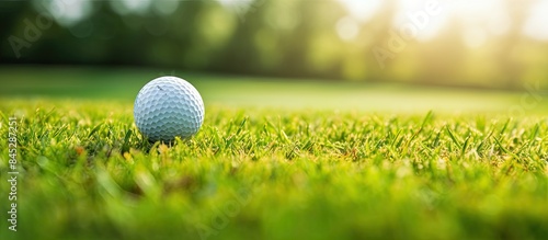 A golfer s hand holds a golf ball on a tee positioned on a lush green golf course The scene is ready for a player to take their swing Copy space image