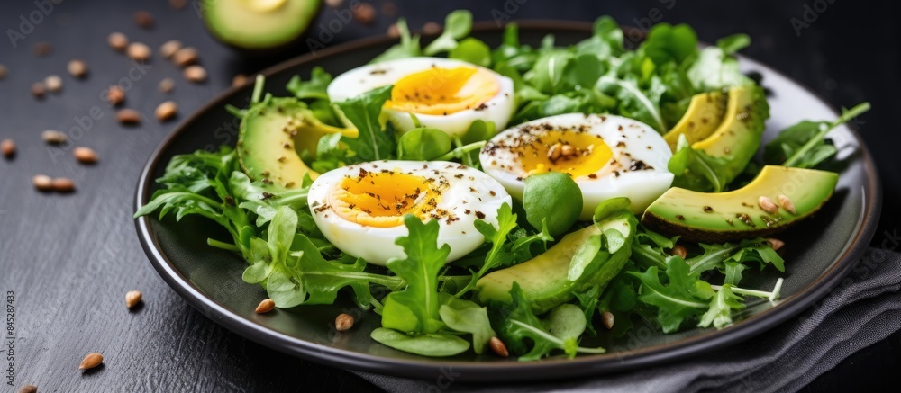 A vegetarian dish combining avocado egg and fresh salad perfect for those following a ketogenic diet and seeking keto friendly cuisine Copy space image A vegetarian dish combining avocado egg and fresh salad perfect for those following a ketogenic diet and seeking keto friendly cuisine Copy space image