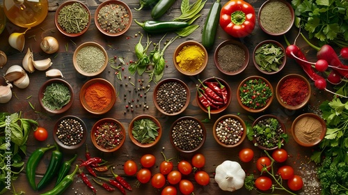 A flat lay of various spices, fresh herbs, and vegetables, including garlic, chili peppers, and tomatoes, arranged on a wooden table. Generative AI