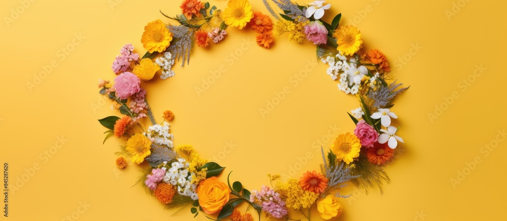 Spring flowers arranged in a vibrant circular shape against a yellow background creating a bright creative concept with empty space for text or images. Creative banner. Copyspace image Spring flowers arranged in a vibrant circular shape against a yellow background creating a bright creative concept with empty space for text or images. Creative banner. Copyspace image