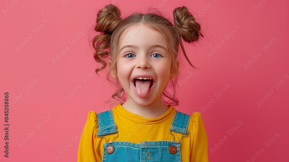 portraits of a cheerful young girl making funny faces and sticking out her tongue against a bright pink background. portraits of a cheerful young girl making funny faces and sticking out her tongue against a bright pink background.