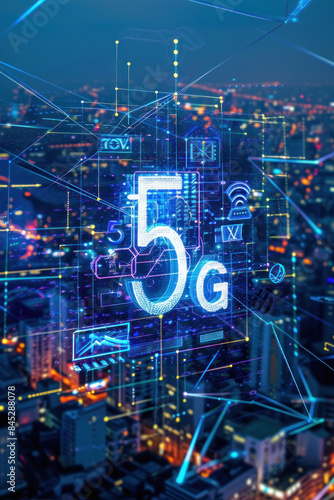 Futuristic 5G network digital hologram and Internet of Things (IoT) icons