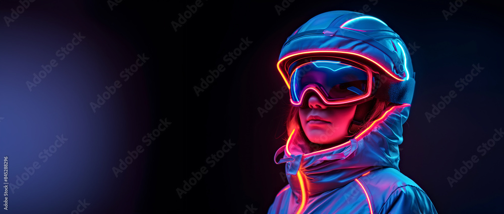 Naklejka premium Futuristic Neon Snowboarding Gear - Cyberpunk Style with Reflective Jacket, Helmet and Goggles