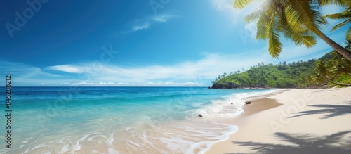 A scenic tropical beach with sandy shores crystal clear ocean waters lush palm leaves and a vibrant blue sky provides a picturesque copy space image