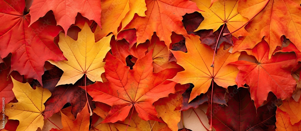 Fototapeta premium A vibrant array of red maple tree leaves create a stunning Autumn display The fallen leaves serve as a natural backdrop showcasing foliage in red orange green and yellow This concept depicts the beau