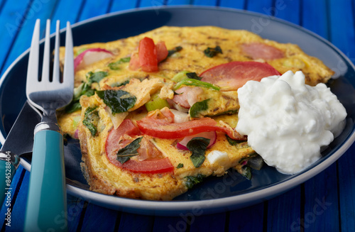 Bacon and tomato omelette with a serving of cottage cheese. photo