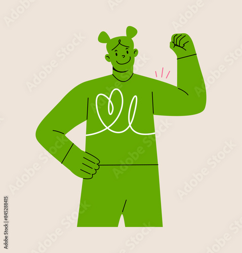Self-confident person. Woman posing with strong pose showing strength and power. Colorful vector illustration
