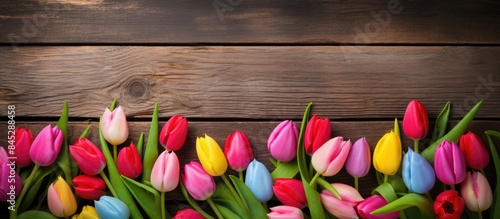 A charming spring scene featuring rabbit ears vibrant tulips and colorful Easter eggs arranged against a rustic wooden backdrop offering ample copy space
