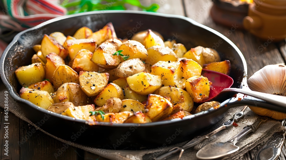 Cooked potatoes in a cast iron skillet with a colorful spoon Cooked potatoes in a cast iron skillet with a colorful spoon