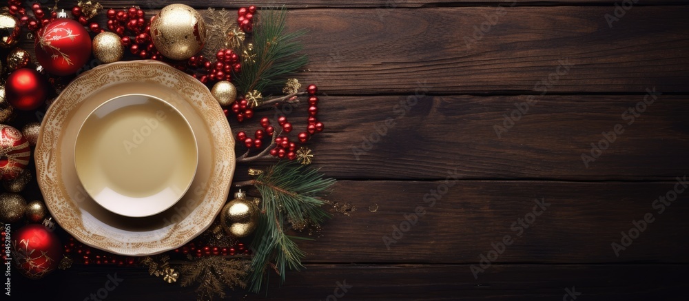 A festive winter image with an empty plate surrounded by Christmas decorations Perfect for New Year s table decor showcasing the holiday spirit and delicious food traditions. Creative banner A festive winter image with an empty plate surrounded by Christmas decorations Perfect for New Year s table decor showcasing the holiday spirit and delicious food traditions. Creative banner