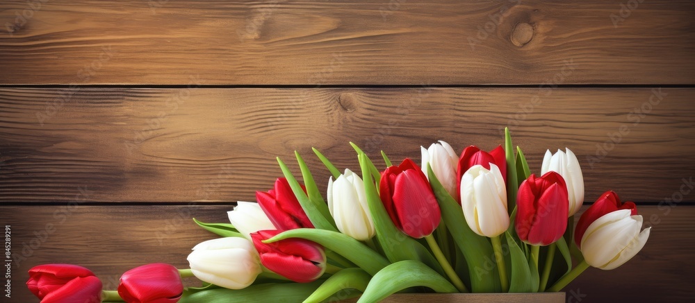 A vibrant arrangement of red and white tulips rests in a basket placed in front of a wooden wall There is a photo frame beside it providing empty space for an image. Creative banner. Copyspace image A vibrant arrangement of red and white tulips rests in a basket placed in front of a wooden wall There is a photo frame beside it providing empty space for an image. Creative banner. Copyspace image