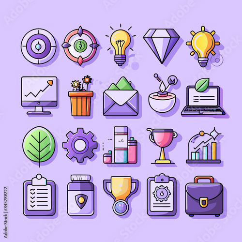 A detailed illustration showcasing various business-related icons and symbols. The central figure is a businessman surrounded by elements representing technology, communication, finance