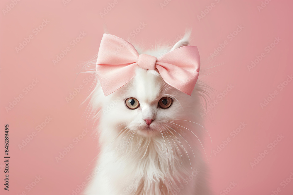 fluffy white cat with a large pastel pink bow on its head against a ...