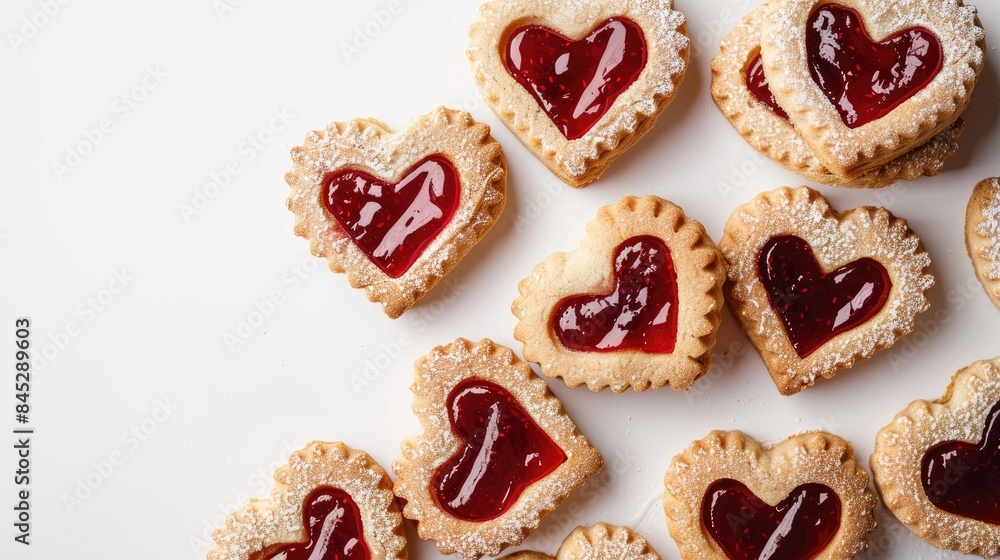Heart shaped linzer cookies with raspberry jam on white background Valentines love and romance concept Heart shaped linzer cookies with raspberry jam on white background Valentines love and romance concept