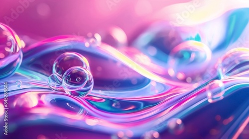 Abstract image of iridescent soap bubbles on a vibrant, colorful background with smooth, flowing shapes and light reflections.