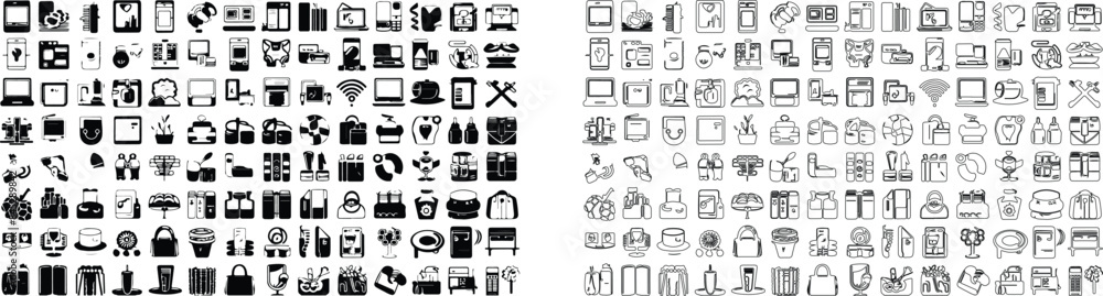 Each icon represents modern digital devices such as smartphones and laptops to more abstract symbols like Wi-Fi signals. Human figures, musical notes are also included in this eclectic mix. Each icon represents modern digital devices such as smartphones and laptops to more abstract symbols like Wi-Fi signals. Human figures, musical notes are also included in this eclectic mix.