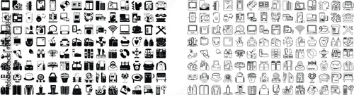 Each icon represents modern digital devices such as smartphones and laptops to more abstract symbols like Wi-Fi signals. Human figures, musical notes are also included in this eclectic mix.