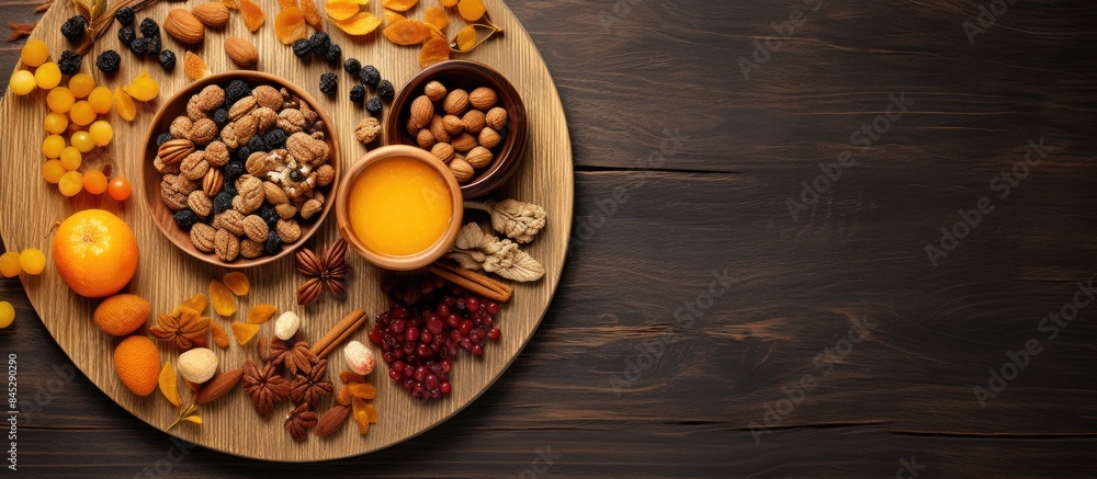 A circle of colored tea utensils surrounds a wooden dish on a light wooden surface displaying a yellow orange pumpkin alongside raisins and walnuts in a side view copy space image A circle of colored tea utensils surrounds a wooden dish on a light wooden surface displaying a yellow orange pumpkin alongside raisins and walnuts in a side view copy space image