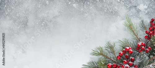A festive composition with spruce and fir branches adorned with red berries set against a snowy stone backdrop The image has a frame border and offers ample copy space for text making it ideal for Ch