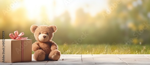 Sunlit day with a lawn background showcasing a blank board perfect for your text Accompanied by a festive Christmas gift box and a teddy reindeer this image captures the essence of the holiday season photo