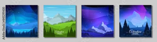 Set of card. Aurora borealis landscape. Design for wallpaper, banner, invitation. Flat style design. Vector illustration. Beautiful mountains with hills and forest.