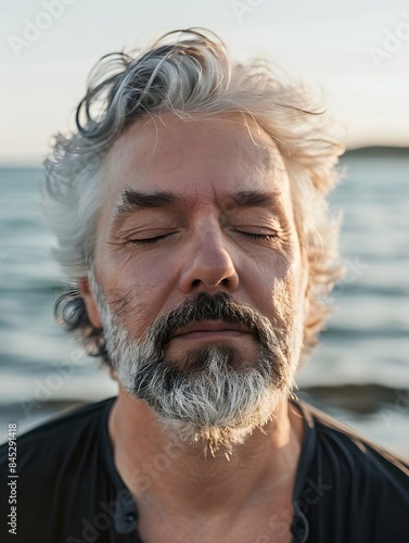 Close up of handsome medium-aged meditating man with gray hair and beard on the ocean shore, with closed eyes