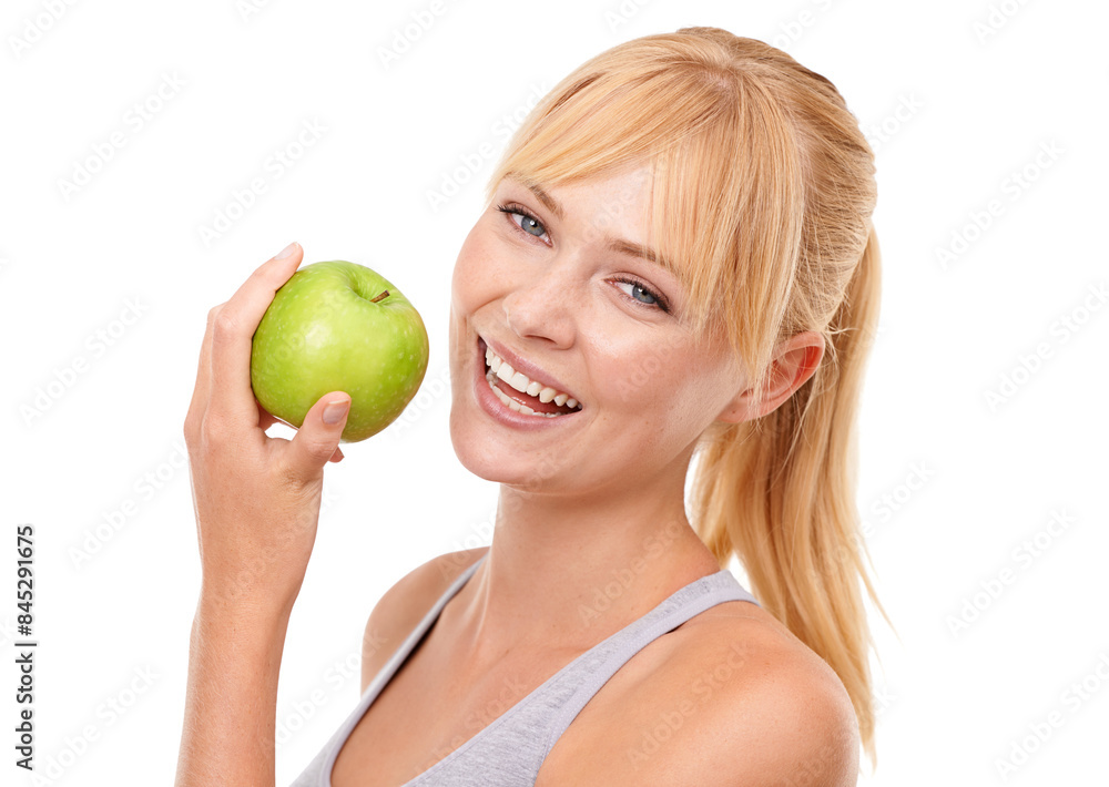 Woman, happy and portrait in studio with apple for detox, diet and nutritional benefits for wellness. Smile, face and person with fruit for vitamin c, vegan and gut health on white background Woman, happy and portrait in studio with apple for detox, diet and nutritional benefits for wellness. Smile, face and person with fruit for vitamin c, vegan and gut health on white background