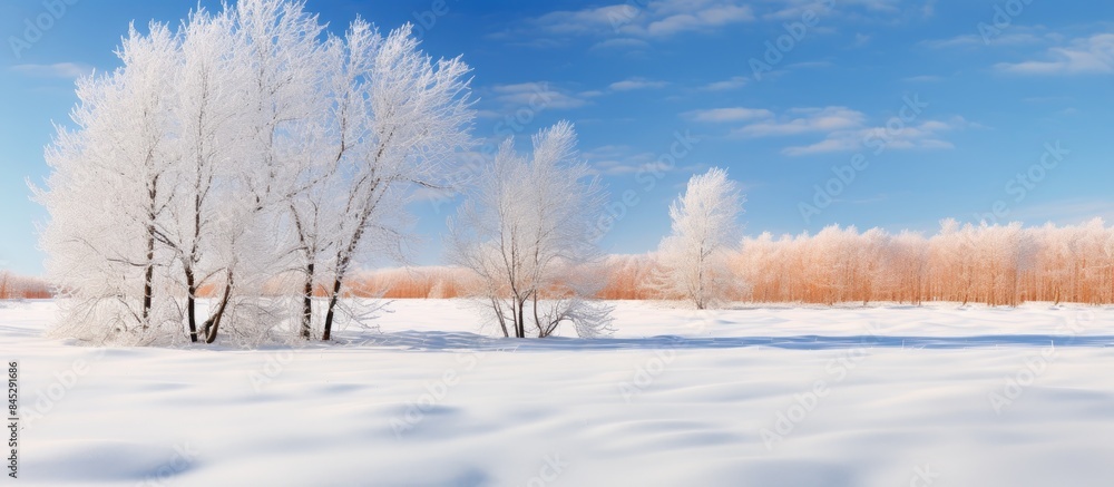 In a winter landscape young trees with dry red foliage are covered in snow The trees stand under a blue sky creating a beautiful image with copy space