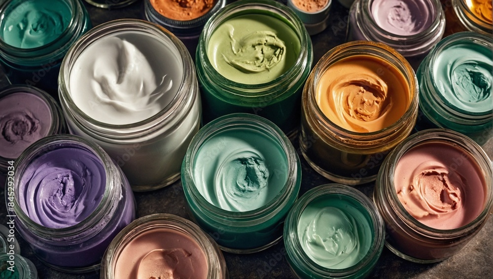 Open jars with cosmetics and creams seen from above Open jars with cosmetics and creams seen from above