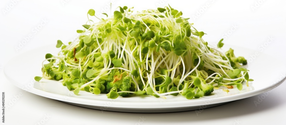 A fresh plate of organic broccoli sprouts on a white surface with ample copy space to showcase its nutritious qualities and suitability for a healthy diet A fresh plate of organic broccoli sprouts on a white surface with ample copy space to showcase its nutritious qualities and suitability for a healthy diet