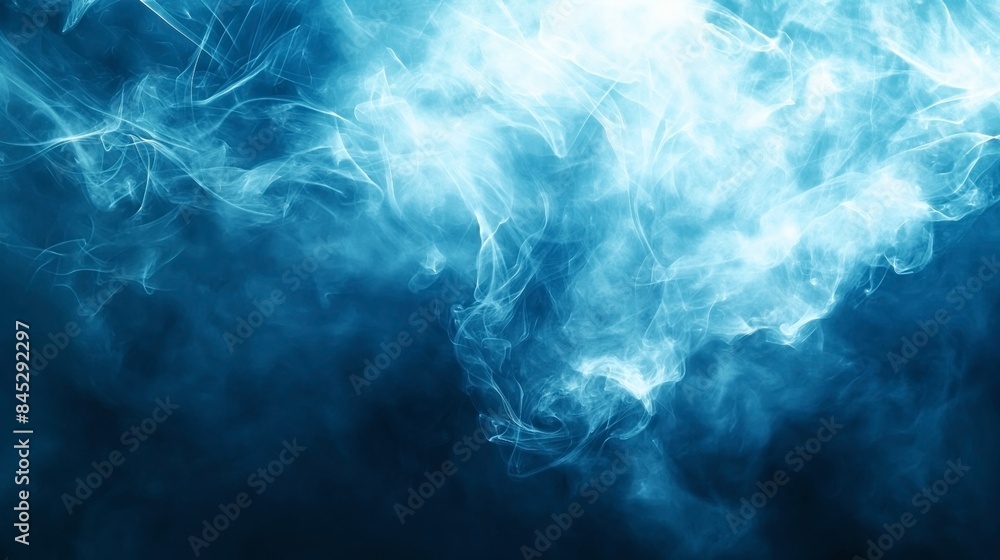 Abstract image of blue and white smoke with swirling patterns and light beams on a dark background. Abstract image of blue and white smoke with swirling patterns and light beams on a dark background.