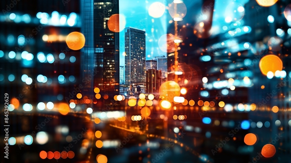 Abstract cityscape at night with skyscrapers and colorful bokeh lights creating a vibrant, dynamic atmosphere. Abstract cityscape at night with skyscrapers and colorful bokeh lights creating a vibrant, dynamic atmosphere.