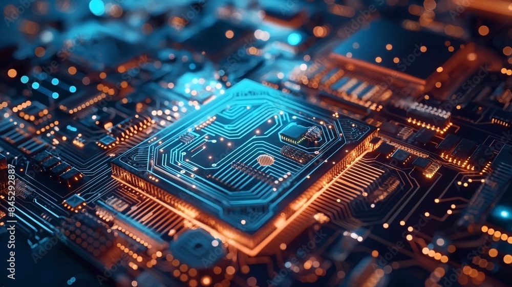 Close-up of a glowing circuit board with intricate pathways and electronic components in blue and orange hues. Close-up of a glowing circuit board with intricate pathways and electronic components in blue and orange hues.