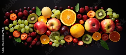 A top down view of a weight loss concept includes a variety of fruits such as apricot cherry kiwi along with honey and jam all set against a black background Ample copy space is available in the imag