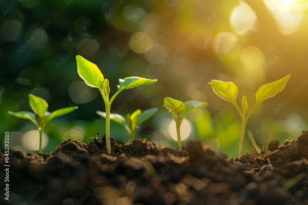 Green sprouts of plants grow from the soil in sequence, captured in a closeup view. The sunlight bathes the tender leaves, while the blurred background enhances the focus on the sp Green sprouts of plants grow from the soil in sequence, captured in a closeup view. The sunlight bathes the tender leaves, while the blurred background enhances the focus on the sp