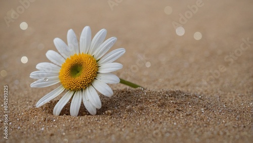 A white daisy growing out of the sand