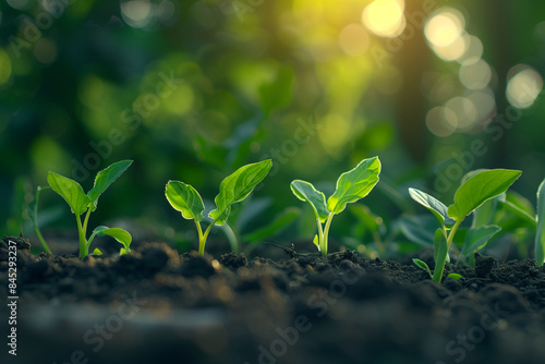 In a sequence of growth, green sprouts push through the soil, highlighted by warm sunlight. The blurred background emphasizes the focus on the fresh greenery, symbolizing eco-frien