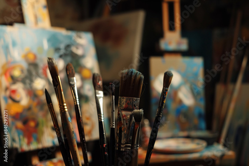 In an artist's studio, a variety of paintbrushes are displayed against a blurred background of canvases and paint palettes. A closeup shot captures the intricate details of the bru