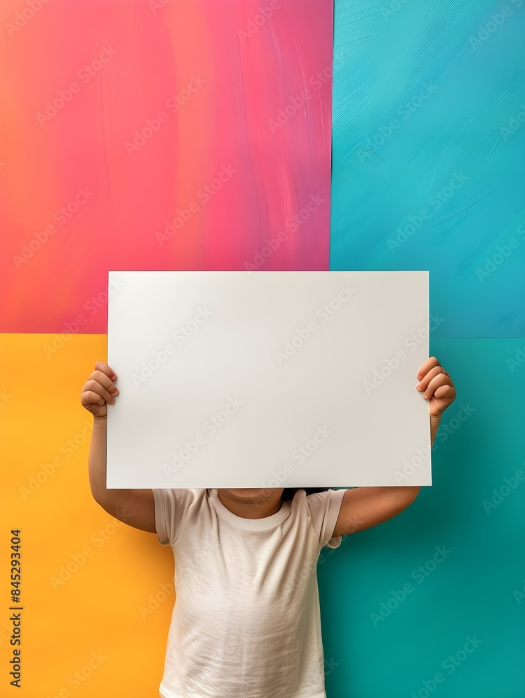 Child hands holding showing blank white empty paper board banner card billboard note for text advertising message copy space on colorful vibrant mockup background Child hands holding showing blank white empty paper board banner card billboard note for text advertising message copy space on colorful vibrant mockup background
