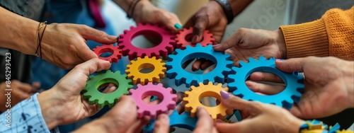 Close up of a team of business people holding colorful gears in their hands working together