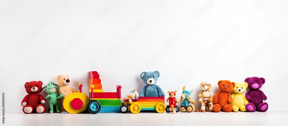 A vibrant assortment of children s toys in a multitude of rainbow colors arranged against a white background creating a cheerful copy space image