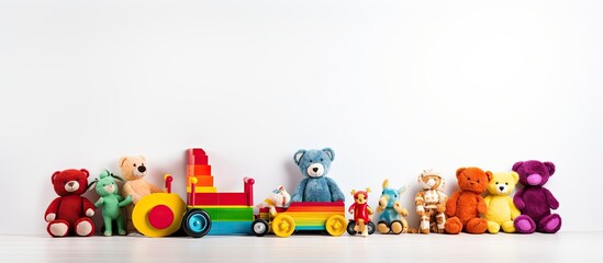 A vibrant assortment of children s toys in a multitude of rainbow colors arranged against a white background creating a cheerful copy space image