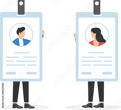 Business people are holding badges. Male and female characters with id cards. Staff identification. Identity protection and confirmation system. Document for access. Flat design vector illustration

