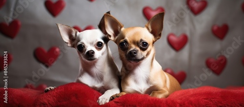Chihuahua dogs with brown short hair sitting beside a red heart shaped pillow on a Valentine s day themed backdrop with a tiled floor and cement wall Copy space image
