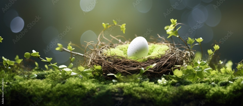 Easter concept background with a bird nest filled with green eggs and ...