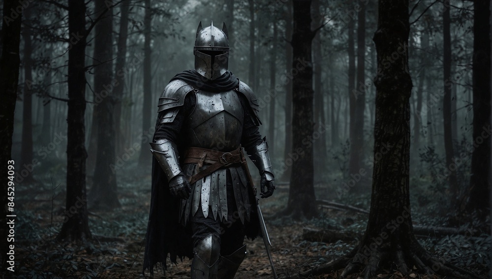 Dark, scary, mysterious knight wearing armor, in the dark, wicked forest Dark, scary, mysterious knight wearing armor, in the dark, wicked forest