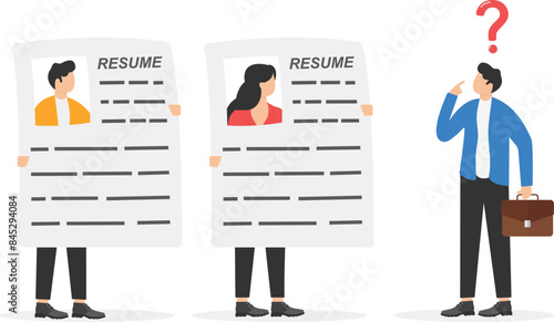 Unemployed people are holding resumes. HR specialist searching employees. Job seekers with cv. Funny business people, applicants search job. Labor market, unemployment problem.Flat vector illustration