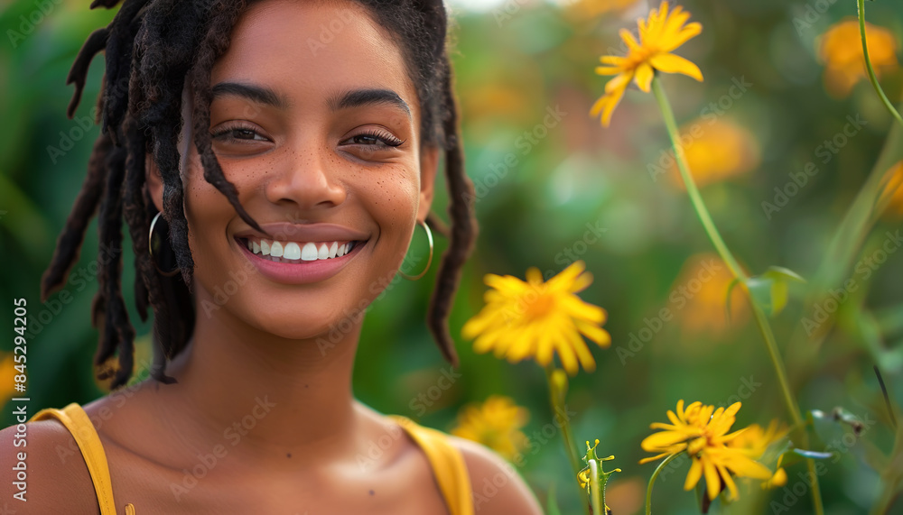 young smiling black woman dreadlocks hair yellow green flowers blurred background skin care beauty skincare cosmetics copy space young smiling black woman dreadlocks hair yellow green flowers blurred background skin care beauty skincare cosmetics copy space