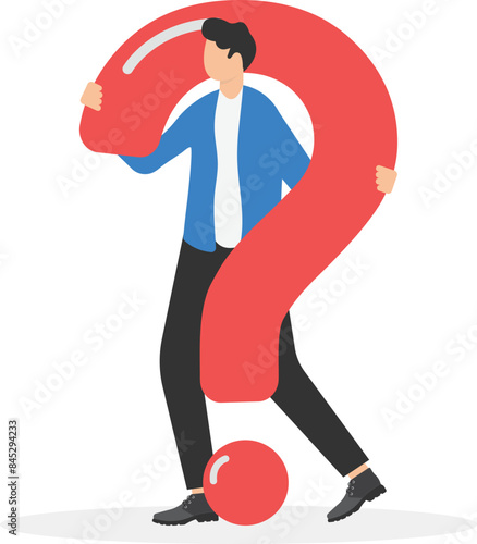 FAQ landing page template. Businesswoman with big question mark. User guide or manual, banner. Solving business problems. Female manager thinking and makes choice. Flat design Vector illustration

